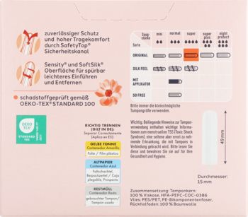 Tył opakowania Facelle tampony mini comfort, tabela chłonności (Normal), skład, wymiary, logo Oeko-Tex.