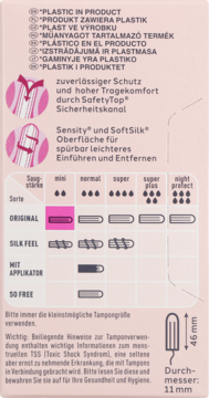 Tył opakowania tamponów Facelle. Tabela rodzajów i poziomów absorpcji, wymiary 46x11mm, ostrzeżenie TSS.
