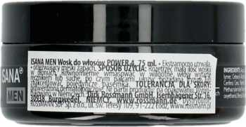 Tył czarnego słoiczka wosku do włosów ISANA MEN Power 4, 75 ml, z białym tekstem i informacjami.