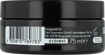 Tył czarnego słoiczka ISANA Hair wosk do włosów 75 ml, z kodem kreskowym i danymi producenta Rossmann.