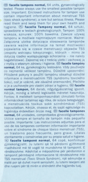 Niebieskie opakowanie tamponów facelle normal, 64 sztuki, z białymi, gęstymi napisami informującymi o produkcie.