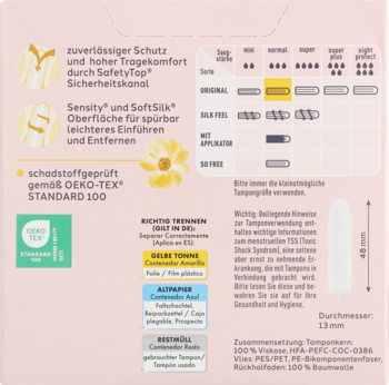 Tył opakowania tamponów higienicznych Facelle normal, z niemieckimi opisami, certyfikatem OEKO-TEX i tabelą rozmiarów.