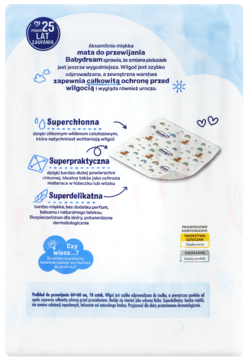 Tył opakowania Babydream podkładów do przewijania 25 lat, biało-niebieskie z ikonami i opisem cech: superchłonne, delikatne.