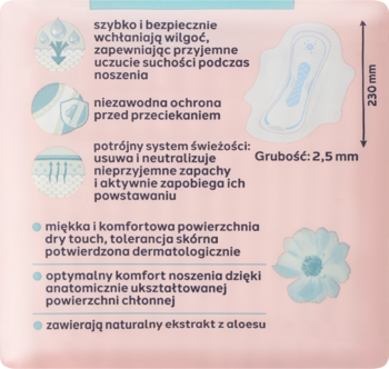 Różowe opakowanie podpasek Facelle Ultra Normal, tył z detalami cech: suchość, ochrona, 230mm, aloes.