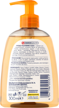 Tył pomarańczowego mydła kuchennego Isana w butelce 300ml z pompką, widoczna lista składników.