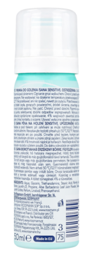 Tył pianki do golenia Isana Sensitive 50ml, niebieska puszka, biała nakrętka, widoczne składy i ostrzeżenia.