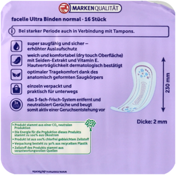 Fioletowe opakowanie podpasek Facelle Ultra Binden normal, tył z detalami produktu, wymiary 230x2mm, 16 sztuk.