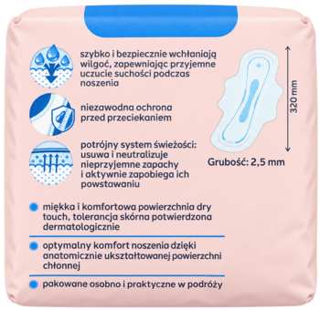 Tył różowego opakowania podpasek higienicznych Facelle Ultra, widoczny opis cech produktu i wymiary 320mm.