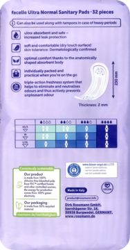 Tył opakowania facelle Ultra Normal Sanitary Pads, fioletowe, z tabelą chłonności i info o zrównoważonym rozwoju.