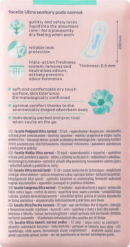 Tył opakowania facelle Ultra podpasek normalnych. Detale: grubość 2.5mm, system Freshness, komfort dry touch.