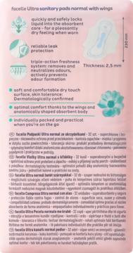 Tył opakowania podpasek Facelle Ultra normal ze skrzydełkami, opis cech, wymiarów i składu, białe tło.