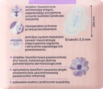 Tył opakowania podpasek Facelle ultra normal. Opis cech: chłonność, ochrona, system świeżości, wymiary 230x2.5mm.