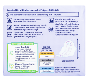 Tył opakowania podpasek facelle Ultra Normal, z diagramem wkładki, opisem cech i wytycznymi recyklingu.