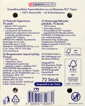 Tył opakowania Babydream bezpiecznych patyczków higienicznych, 72 szt., papierowe patyczki, FSC.