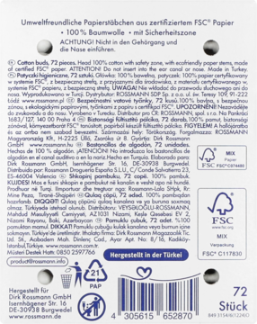 Tył opakowania Babydream patyczków higienicznych, biała paczka, 72 sztuki, 100% bawełna, papierowe patyczki FSC.