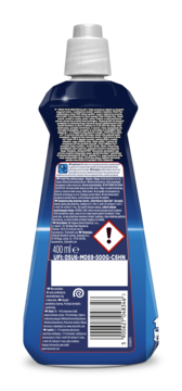 Tył niebieskiej butelki Finish Rinse Aid 400ml, płynu nabłyszczającego do zmywarek, z białą zakrętką.