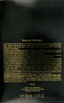 Tył czarnego pudełka perfum męskich LARIVE 100 ml. Złote napisy, m.in. "FRAGRANCE FROM FRANCE".