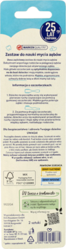 Tył opakowania zestawu do nauki mycia zębów Babydream, z opisami, instrukcjami i kodem kreskowym.