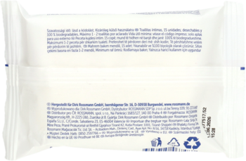 Tył białego, prostokątnego opakowania chusteczek do higieny intymnej z gęstym tekstem i symbolami recyklingu.
