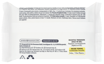 Tył białego opakowania chusteczek do higieny intymnej, z opisem i żółtą etykietą recyklingu.