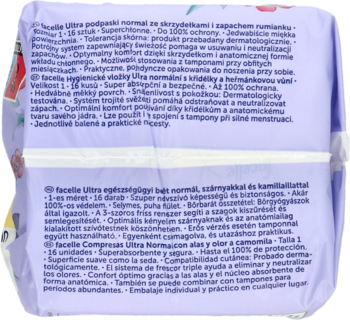 Tył fioletowego opakowania podpasek Facelle Ultra Normal ze skrzydełkami, o zapachu rumianku.