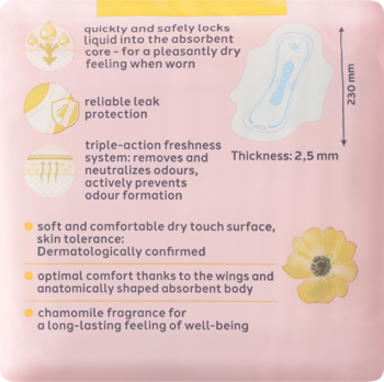 Infografika podpaski Facelle Ultra Normal ze skrzydełkami, rumianek. Opis cech: 230mm, 2.5mm gr., sucha powłoka.