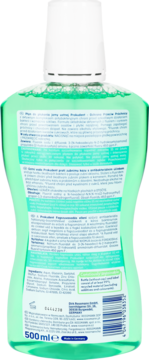 Tył zielonej butelki płynu Prokudent Przeciw Próchnicy 500ml, z białym korkiem i polskim tekstem.