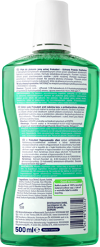 Tył zielonego płynu do płukania Prokudent Ochrona Przeciw Próchnicy 500ml, z białym tekstem i składem na etykiecie.