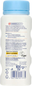 Tył białej butelki pudru Babydream dla niemowląt 100g z niebieską nakrętką i polskim opisem składu.