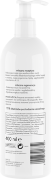 Tył białego regenerującego mleczka do ciała z pompką, z widoczną listą składników i pojemnością 400 ml.
