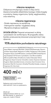Tył opakowania balsamu Ziaja 400ml z mlekiem kozim do skóry suchej, lista składników i opis w języku polskim, kod kreskowy.