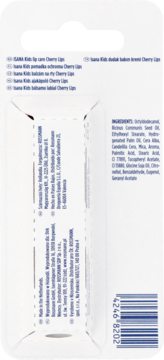 Tył opakowania Isana Kids lip care Cherry Lips, białe kartonowe pudełko ze składem i kodem kreskowym.