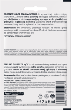 Tył biało-szarego opakowania z maską-serum i peelingiem do dłoni. Widoczny polski opis składu, użycia i kod kreskowy.
