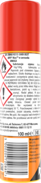 Tył pomarańczowo-czerwonego sprayu OFF! Max na komary i kleszcze 100 ml, z symbolami ostrzegawczymi i kodem.