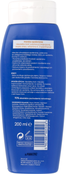 Tył niebieskiego mleczka do ciała Sopot Sun 200 ml, utrwalającego opaleniznę, z listą składników i kodem kreskowym.