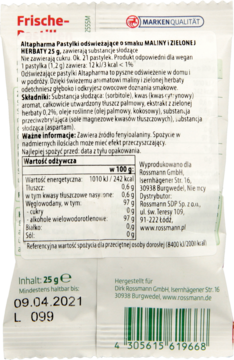 Tył opakowania białych pastylek Altapharma o smaku maliny i zielonej herbaty, bez cukru, z etykietą po polsku.