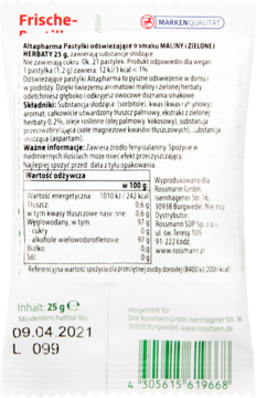 Tył białego opakowania Altapharma Pastylki odświeżające malina i zielona herbata, z datą 09.04.2021.