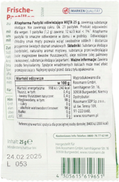 Tył opakowania miętowych pastylek odświeżających Altapharma 25g bez cukru, z tabelą wartości odżywczych.