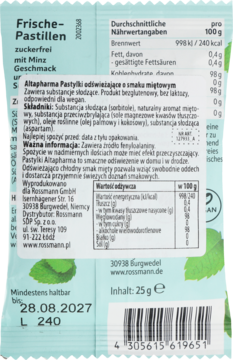 Tył zielonego opakowania Altapharma Pastylki odświeżające miętowe, bez cukru, 25g, z tabelą wartości.