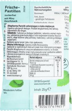 Tył jasnozielonego opakowania Altapharma Pastylki miętowe, 25g, bez cukru, z listą składników i tabelą wartości odżywczych.