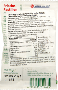 Tył białego opakowania Altapharma Pastylek Mango-Limonki 25g, z tabelą wartości odżywczych i datą.