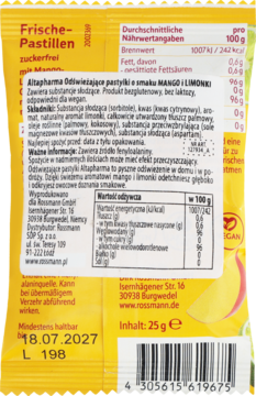 Tył żółtego opakowania Altapharma pastylek mango-limonka 25g. Bez cukru, bezglutenowe, vegan, z tekstem.
