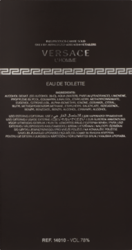Tył opakowania męskiej wody toaletowej Versace L'Homme o skórzanym zapachu, z listą składników na czarnym tle.