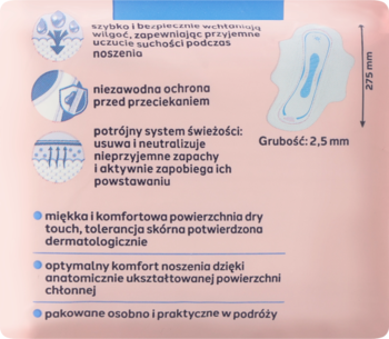 Panel informacyjny podpasek Facelle Ultra Extra Długie. Różowe tło, tekst o ochronie, systemie świeżości, 2.5mm grubości.