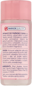 Tył różowej butelki zmywacza Isana do paznokci z etykietą, widocznym składem i instrukcjami w języku polskim.