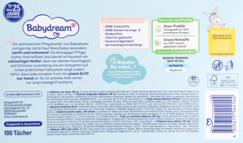 Tył opakowania chusteczek Babydream dla niemowląt, 100 szt., z osiołkiem, kodem i niemieckim opisem.