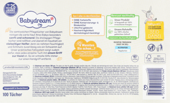 Tył opakowania Babydream chusteczek nawilżanych 100 sztuk, dla skóry wrażliwej, z opisem cech i kodem kreskowym.