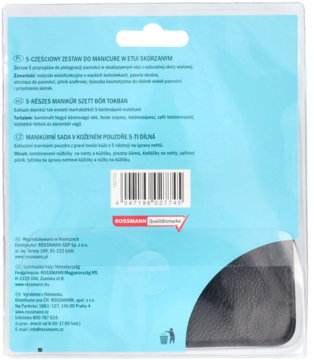 Tył opakowania zestawu do manicure Rossmann: 5-częściowy zestaw w czarnym skórzanym etui, widok przez blister.
