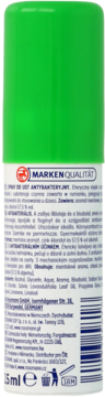 Zielono-biały antybakteryjny spray do ust 75ml o smaku mentolowym. Tył butelki z polskim tekstem i logo.