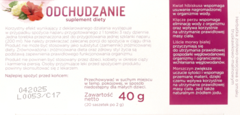 Tył białego opakowania suplementu diety Odchudzanie FemiAGE z fioletowym panelem tekstu i wagą 40 g.